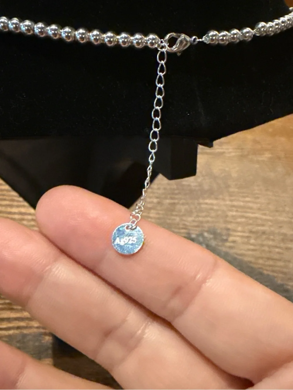 Silver Beaded Necklace with Turquoise Heart Charm